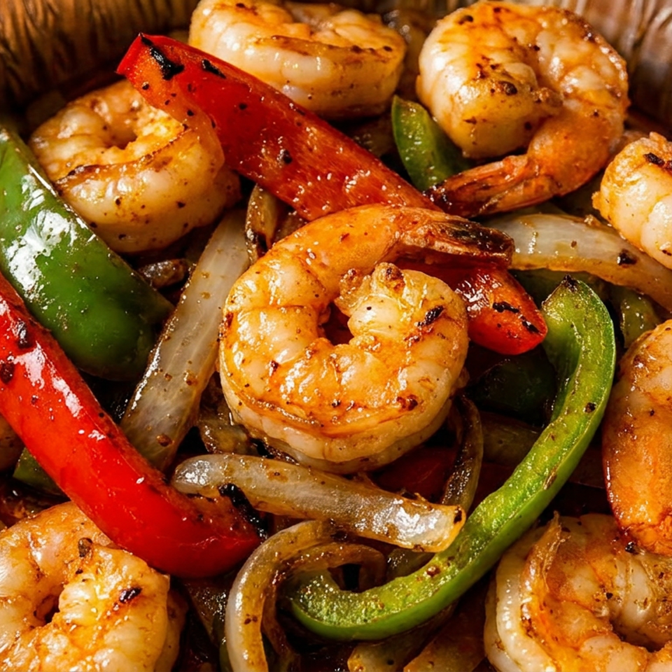 Grilled shrimp with red and green bell peppers, onions, and mushrooms served in a foil takeout tray.