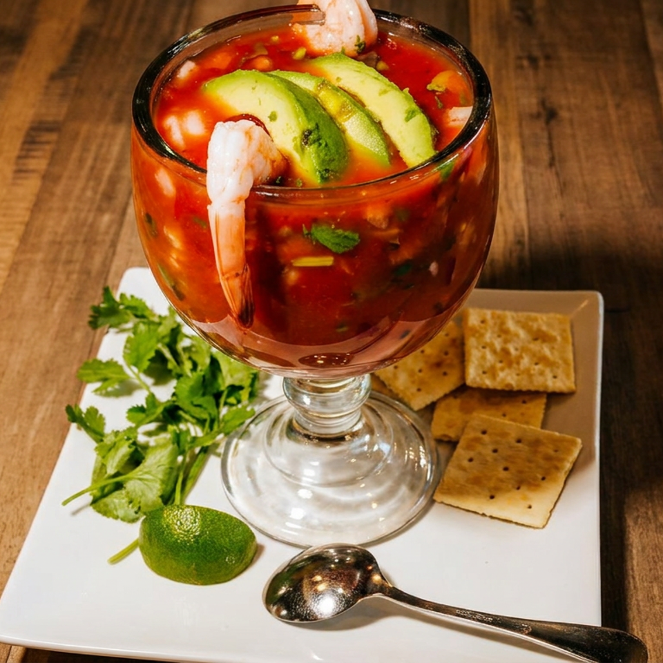 Shrimp cocktail with avocado, tomato broth, cilantro, lime, and crackers served in a glass on a wooden table.