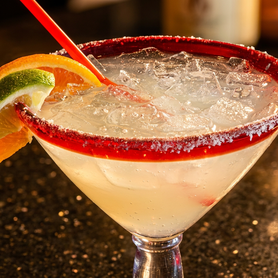 Margarita with ice, a red-salt rim, citrus garnish, and red straw served in a glass on a dimly lit bar.