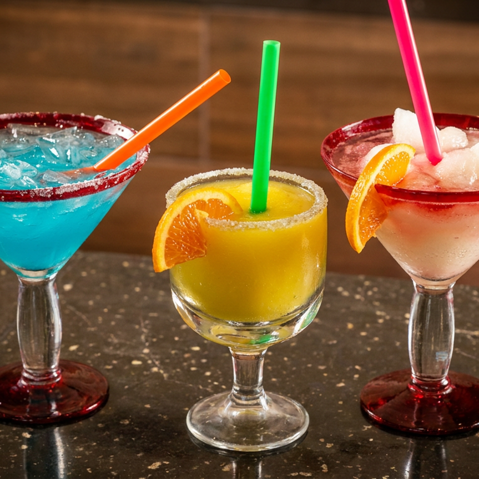 Three colorful citrus cocktails in margarita glasses, garnished with orange slices and served with bright straws on a restaurant bar.