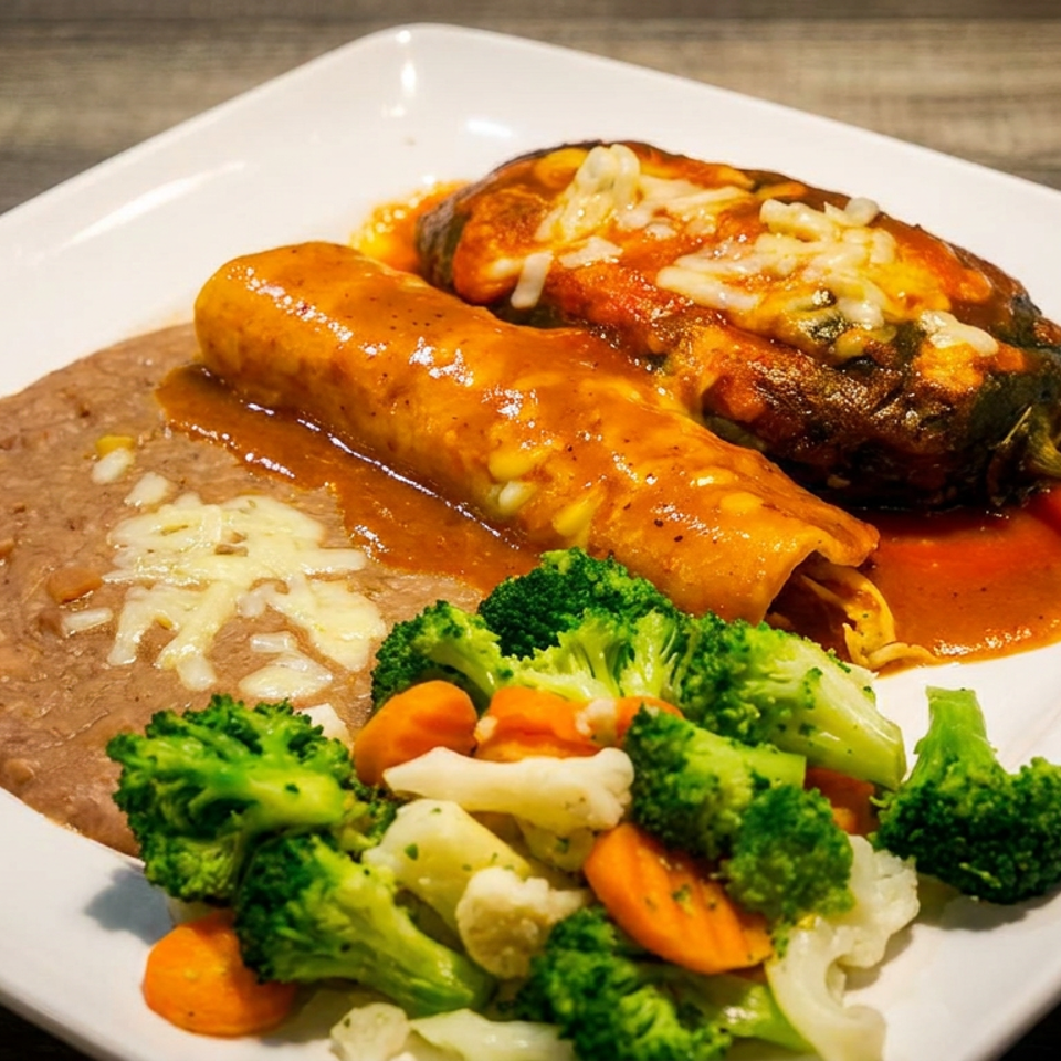 Mexican-style plate with enchilada, stuffed roasted pepper, refried beans, melted cheese, and steamed broccoli, carrots, and cauliflower.