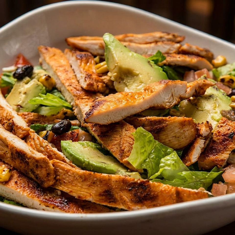 Grilled chicken salad with avocado, lettuce, black beans, corn, and diced vegetables in a white bowl.