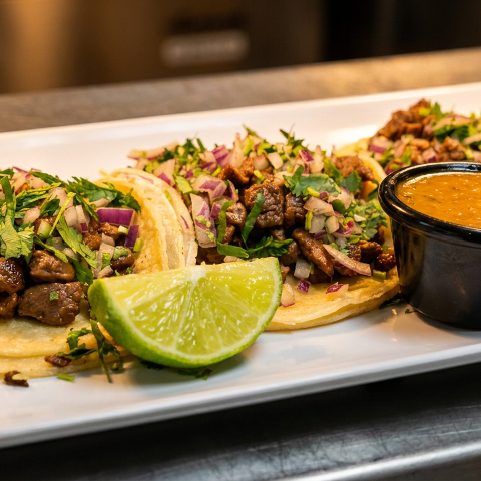 Plate of three tacos topped with seasoned meat, cilantro, onions, lime wedge, and orange salsa in a black cup.