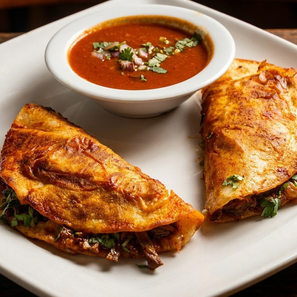 Two golden folded tacos filled with meat and herbs, served with a bowl of red salsa on a white plate.